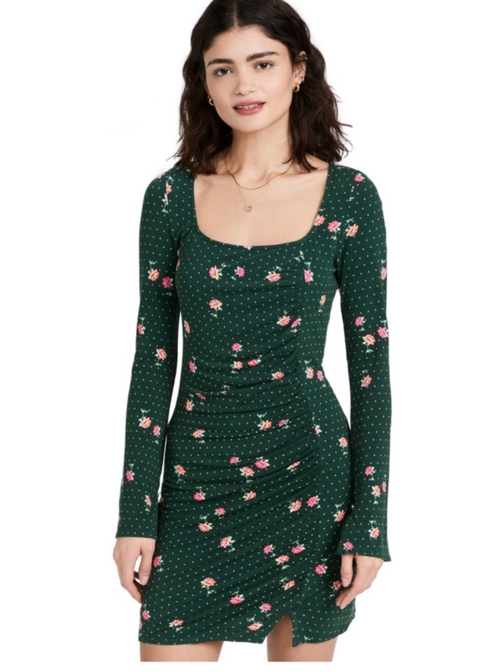 Free People Celia Mini Dress Dark Green Floral Long Sleeve Ruched